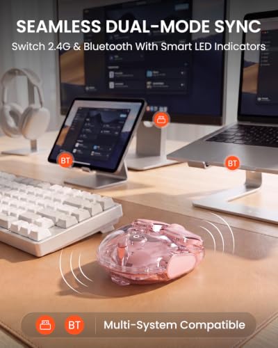 SEUNKWANG Q9 Transparent Wireless Mouse with RGB Lighting, Compact Multi-Device Bluetooth & 2.4G Computer Mouse, Rechargeable, Quiet Clicks, 4800 DPI Cute Mice for Laptop, PC, Mac, iPad - Pink - color: Pink
