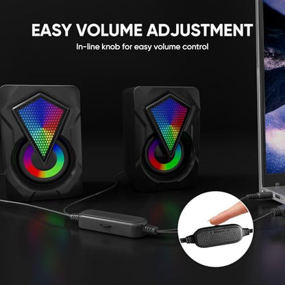 Computer Speakers for Desktop, USB Powered Stereo Speakers with RGB Lights | Rich Stereo Sound, Colorful RGB Lighting, Compact Design, Simple Volume Control, and Plug-and-Play Setup for Laptop Monitor