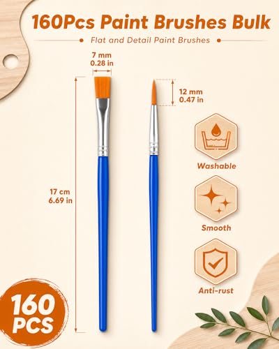 Small Paint Brushes Bulk, 160 Pcs Flat Tip Round Acrylic Paint Brushes for Kids Classroom Acrylic Watercolor Canvas Face Painting Touch Up