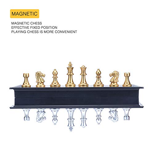 AMEROUS 10'' Magetic Travel Chess Set, Plastic Portable Folding Chess Board Game with Gold and Silver Chess Pieces - 2 Extra Queens - Chess for Beginner, Kids, Adults