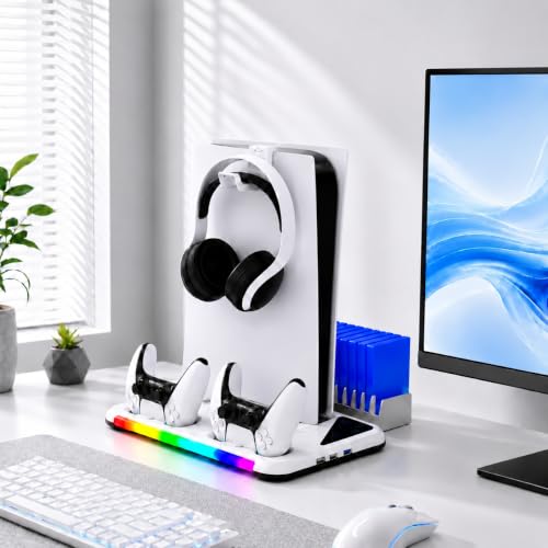PS5/Slim/Pro Stand for Disc & Digital Console | Controller Charging Station, RGB Light & 3 Level Cooling Station , PS5 Accessories Headset Holder, Game Card Holder - color: White LED