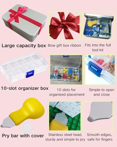 15PCS Remover Building Blocks Tool Kit - 3 PCS Brick Separator, Blocks Tool Suit, Multi-Functional Hammer, Red Gift Ribbon, Pliers, Tweezers, Finger Protectors with Iron-Box (Red) - color: Red