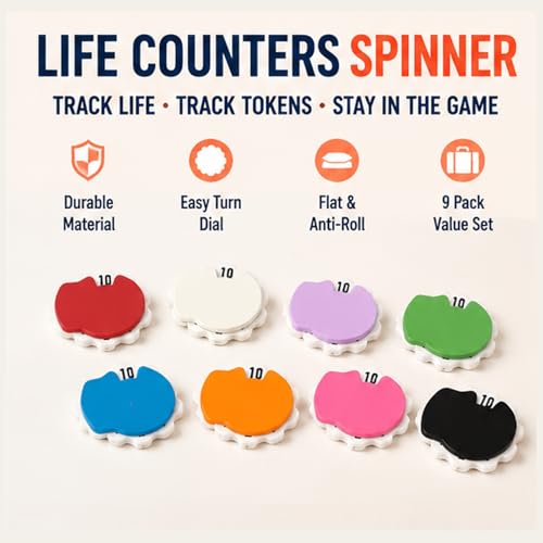 Life Counters Spinner, TCG Token Tracker Spinner Dial for +1/+1 Tracker, 1 to 20 Number Game Marker with Easy Turn Scalloped Edge, Flat Anti-Roll Board Game Accessories, 9 Pack