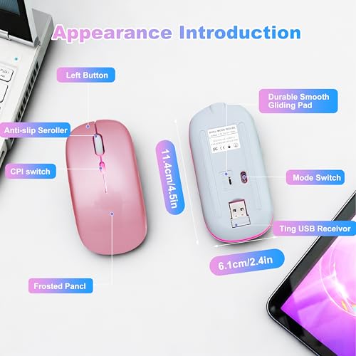 Wireless Bluetooth Mouse, Rechargeable Computer Mouse, Rose Gold | Dual Mode - BT5.2 & 2.4G,Long Lasting,Silent RGB LED Mice,Slim Portable Mouse for Laptop,PC,Tablet,MacBook,iPad,Apple Devices - color: Rose Gold