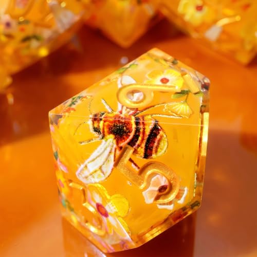XENOLUX Polyhedral Resin DND Dice Set for Dungeons and Dragons, Handmade Sharp Edge RPG Dice for Board Games, Amber Bee and Floral Design with Tin Box (L22) - color: L22