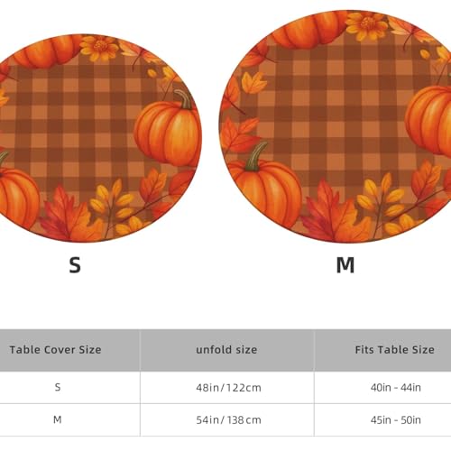 Famame Autumn Pumpkins Wreath on Plaid Round Fitted Tablecloth with Elastic Protector Table Kitchen Dinner Waterproof Oil-Proof Table Covers Fits 40"-44", Small - color: Autumn Pumpkins Wreath, size: Small (40"-44")