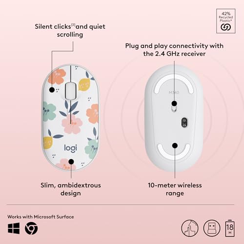 Logitech M340 Compact Ambidextrous Silent Wireless Mouse - Floral Bouquet | Silent clicks, with 2.4 GHz USB-A Nano Receiver, 3 non-customizable buttons, 18-months battery, Windows Mac Chrome compatible - color: Floral Bouquet