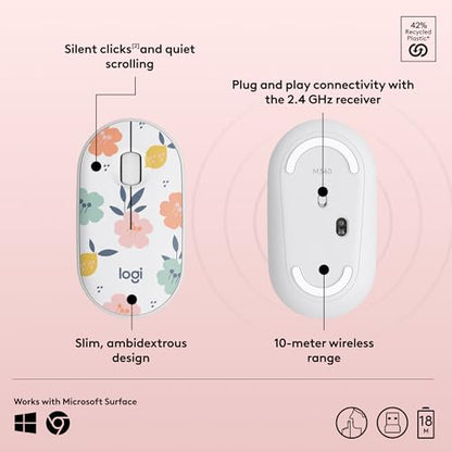 Logitech M340 Compact Ambidextrous Silent Wireless Mouse - Floral Bouquet | Silent clicks, with 2.4 GHz USB-A Nano Receiver, 3 non-customizable buttons, 18-months battery, Windows Mac Chrome compatible - color: Floral Bouquet