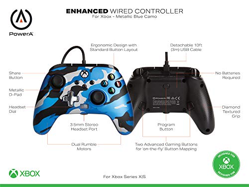 PowerA Enhanced Wired Controller for Xbox Series X|S - Metallic Blue Camo, gamepad, wired video game controller, gaming controller, Officially Licensed for Xbox - color: Metallic Blue Camo