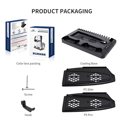 Cooling Station for Ps5/Slim/Pro Disc & Digital Playstation 5 Vertical Stand Organizer with Dual Controller Charger,16 Game Slots,7 Rgb,3 Level Cooler Fan,3 Usb Ports,Headset & Remote Holder (Black) - color: Black