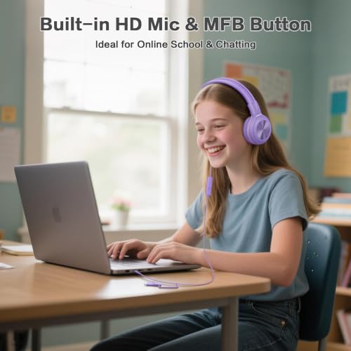 SIMOLIO Kids Wired Headphones with Mic, USB C & 3.5mm, 3-Level Safe Volume, Share Port & Pouch, Stereo Sound& Passive Noise Cancelling, Foldable Over Ear Headsets for Tablet Kindle iPhone iPad Travel - color: Purple USB C&3.5mm