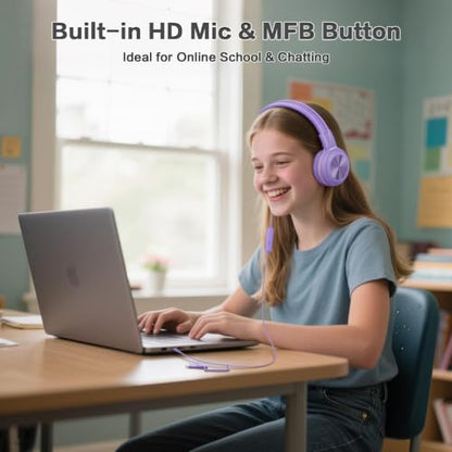 SIMOLIO Kids Wired Headphones with Mic, USB C & 3.5mm, 3-Level Safe Volume, Share Port & Pouch, Stereo Sound& Passive Noise Cancelling, Foldable Over Ear Headsets for Tablet Kindle iPhone iPad Travel - color: Purple USB C&3.5mm