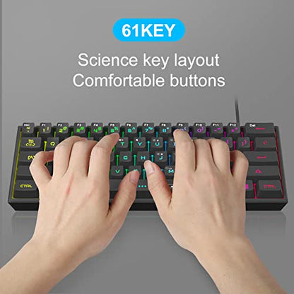 MageGee Mini 60% Gaming Keyboard, RGB Backlit 61 Key Ultra-Compact Keyboard, TS91 Ergonomic Waterproof Mechanical Feeling Office Computer Keyboards for PC, MAC, PS4, Xbox ONE Gamer(Black) - color: Black