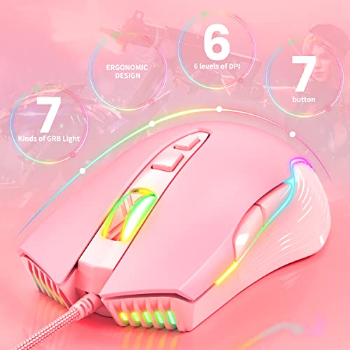Cute RGB 6400 DPI Wired Gaming Mouse Breathing LED Optical USB 7 Buttons Gamer Computer Pink Mice for Laptop PC Desktop (Pink) - color: Pink