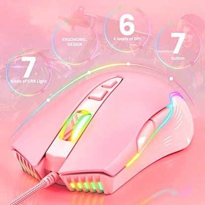 Cute RGB 6400 DPI Wired Gaming Mouse Breathing LED Optical USB 7 Buttons Gamer Computer Pink Mice for Laptop PC Desktop (Pink) - color: Pink
