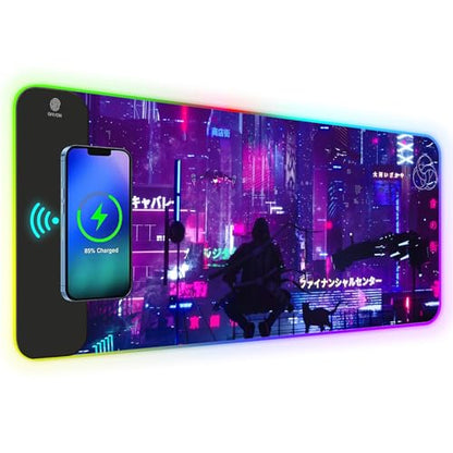 RGB Mouse Pad with 15W Wireless Charging, Purple Anime Neon Extended Large LED Gaming Mouse Pad Non-Slip Rubber Base, 10 Light Modes Desk Pad for Home Office-Warrior Cat - color: Warrior Cat