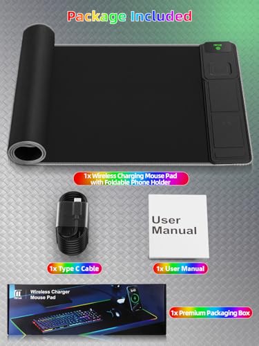 Mouse Pad with Foldable Phone Holder & Wireless Charger, XXL RGB Gaming Mousepad 31.5"x15.8" Large Desk Mat for Keyboard, Black Desk Pad with Dual Qi Charging Station | 11 Colors 5 Modes | Waterproof - color: Black-Right Phone Holder-31.5"x15.8"