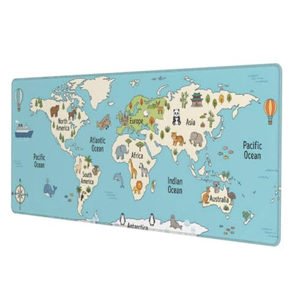 World Map Animals Gaming Mouse Pad, Large Extended Desk Mat (31.5x11.8 in), Non-Slip Rubber Base Stitched Edges Mousepad for Work Office Gaming School - color: 18