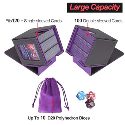AFIING MTG Deck Box for Commander Display,Card Deck Box Fits 100 Double Sleeved Cards, Magic Commander TCG Card Storage Box with 2 Dividers,Drawstring Bag and 1 Toploader(Black/Purple) - color: Commander Black Purple