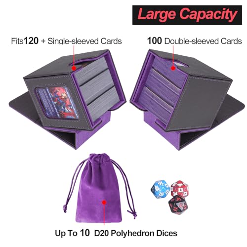 AFIING MTG Deck Box for Commander Display,Card Deck Box Fits 100 Double Sleeved Cards, Magic Commander TCG Card Storage Box with 2 Dividers,Drawstring Bag and 1 Toploader(Black/Purple) - color: Commander Black Purple