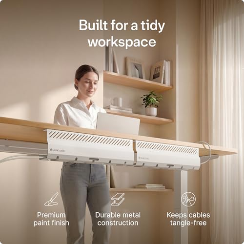 Desktronic Cable Duct Desk White Set of 2 - Stainless Steel Cable Management Desk Cable Duct with 5 Cable Cut-Outs - Easy to Install Cable Organiser - Cable Holder - color: White