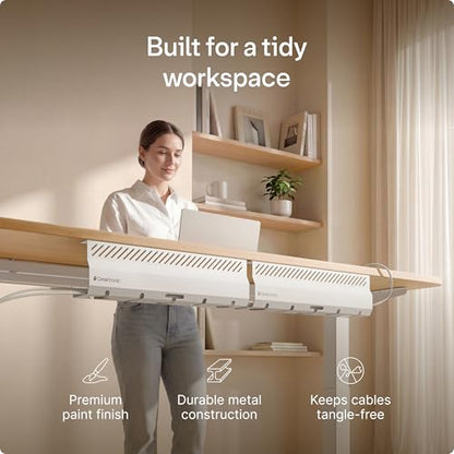 Desktronic Cable Duct Desk White Set of 2 - Stainless Steel Cable Management Desk Cable Duct with 5 Cable Cut-Outs - Easy to Install Cable Organiser - Cable Holder - color: White