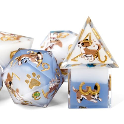 Chihuahua 7Pcs DND Dice Set,Sharp Edge Dog Resin Dice for RPG MTG | Polyhedral DND Dice,Smooth Polished Surface,Ideal Gift For Tabletop Role Playing Game Lovers Adults Women Men Teens - color: Blue and White, style: Chihuahua