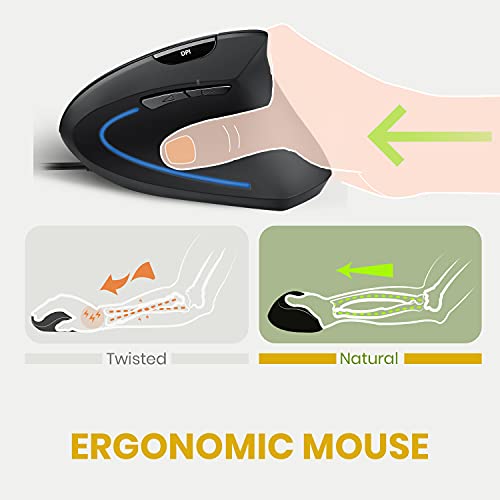 Perixx PERIMICE-513 Wired Ergonomic Vertical Mouse - 6 Buttons with 1000/1600/3200/6400 DPI - Right-Handed Design - Wired USB 5.9ft Cable - Black - style: Wired