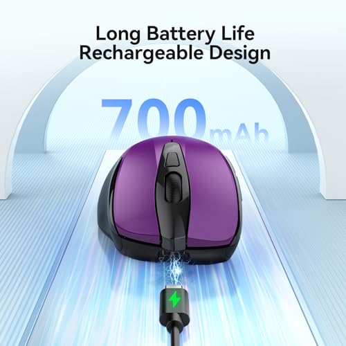 TECKNET Rechargeable Jiggler Wireless Mouse, Dual-Mode Connectivity, Purple | Silent USB A & Bluetooth Mouse, 6 Adjustable DPI, 6 Buttons, Ergonomic Design, Long Battery Life, Multi-Device Compatibility - color: Purple