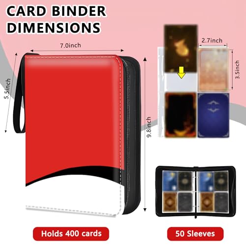 4 Pocket Trading Card Binder, Holds 400 Cards, PU Zipper Binder | PU leather cover, holds 400 cards, 50 removable pages, zipper closure, portable storage and protection. - color: Red, black and white