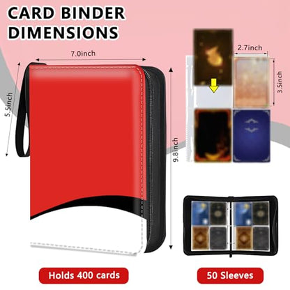 4 Pocket Trading Card Binder, Holds 400 Cards, PU Zipper Binder | PU leather cover, holds 400 cards, 50 removable pages, zipper closure, portable storage and protection. - color: Red, black and white