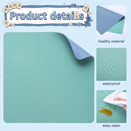 Drydiet Vegan Leather Mahjong Game Mat 31.5 x 31.5 Inch Reversible Anti Slip Noise Reducing Waterproof Mahjong Mat for Table, Poker, Board Games, Dominoes and Card Game(Mint Green and Dusty Blue)