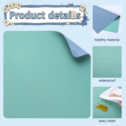 Drydiet Vegan Leather Mahjong Game Mat 31.5 x 31.5 Inch Reversible Anti Slip Noise Reducing Waterproof Mahjong Mat for Table, Poker, Board Games, Dominoes and Card Game(Mint Green and Dusty Blue)