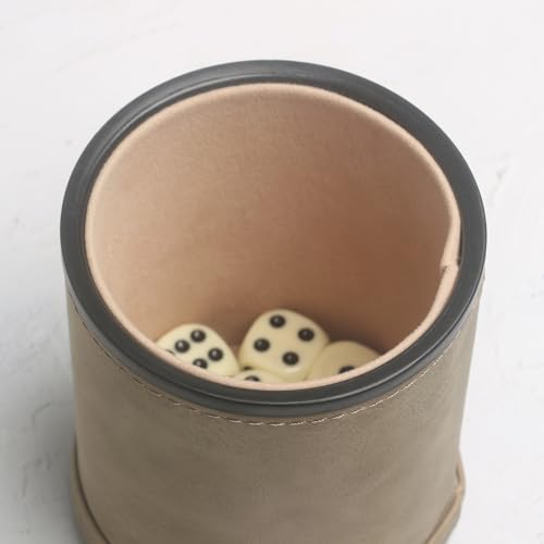 PU Leatherette Dice Cup with 6 Dot Dices for Yahtzee Farkle Bar Party Dice Games - color: Light Brown