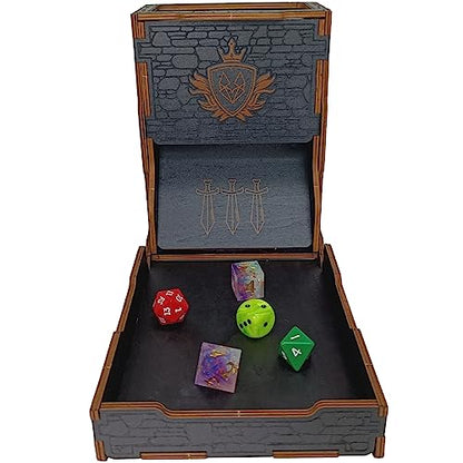 FOXBITE Dice Tower for Dungeons and Dragons Tower with Tray Wood Laser Etched DND Portable and Collapsible Dice Roller Perfect for Board Game and Tabletop RPG, Natural Wood Carved and Printed 5e