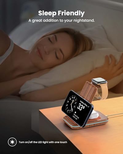 Wireless Charging Station: GEEKERA 3 in 1 Foldable Wireless Charger Stand for iPhone 17/16/15/14/13/12/11/Pro Max/X/8, Charging Station for Apple Watch Ultra/SE/11/10/9/8/7/6/5/4, AirPods 4/3/2/Pro - color: Dark Wood