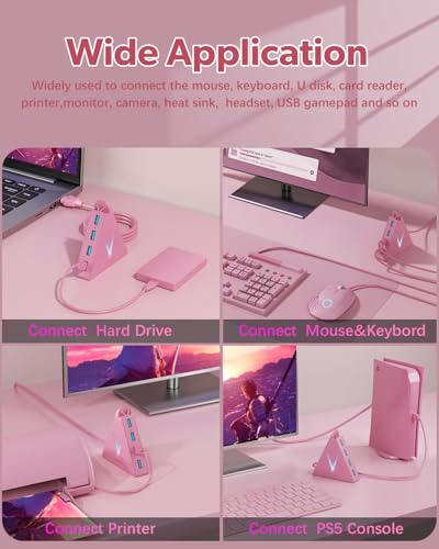 4-Port USB 3.0 Hub, FlyingVHUB Vertical Data USB Hub with 2 ft Extended Cable, for Mac, PC, Xbox One, PS4, PS5, iMac, Surface Pro, XPS, Laptop, Desktop, Flash Drive, Mobile HDD(Pink) - color: Pink-A