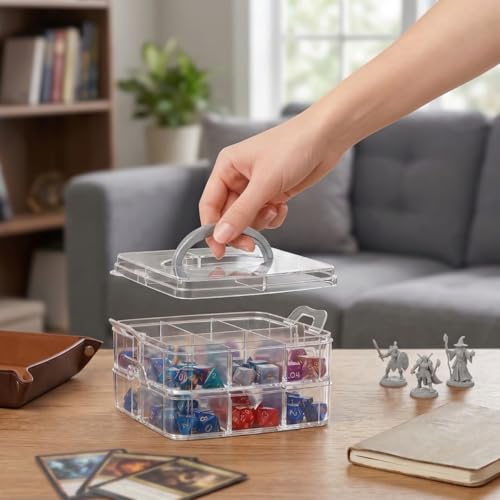 PUGED DND Dice Storage Box with Removable Dividers Polyhedral Dice Plastic Organizer Holding Up To 900 Dices Craft Bead Compartment Container for Sewing, Jewelry, Art, DIY (2 layers) Box Only - size: 2 layers