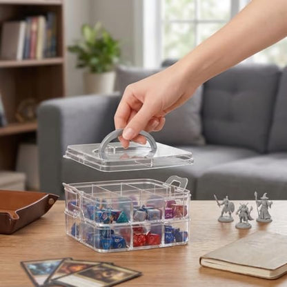 PUGED DND Dice Storage Box with Removable Dividers Polyhedral Dice Plastic Organizer Holding Up To 900 Dices Craft Bead Compartment Container for Sewing, Jewelry, Art, DIY (2 layers) Box Only - size: 2 layers
