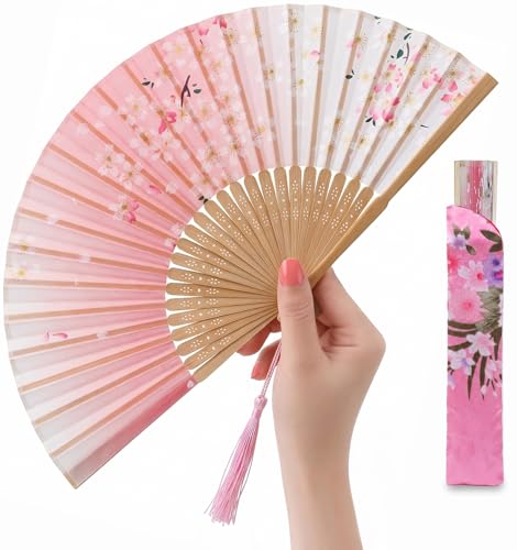 Japanese Folding Hand Fan for Women - Bamboo Silk Handheld Foldable Fan with Tassel & Pouch for Hot Flashes, Rave, Church, Gift,Wedding - Whisper-Quiet, Purse Size (Pink) - color: Pink