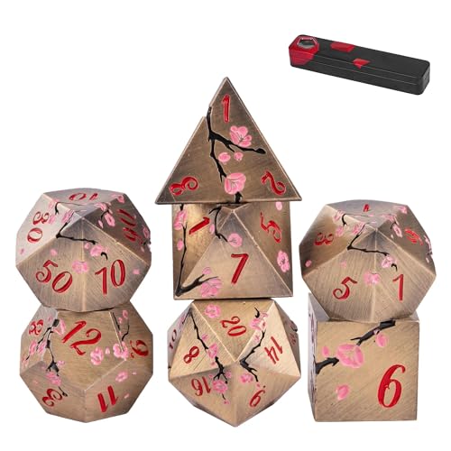 UDIXI Metal DND Dice Set Bronze, 7PCS Metal Polyhedral Dice Set for D&D RPG | Pink Flower, Metal Case Packaging, Heavy Metal Dice, D&D Gift, for Dungeons and Dragons Role Playing Games Tabletop Games - color: Flower/Bronzered