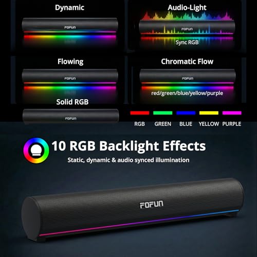 Computer Sound Bar with Detachable ENC Microphone, Enhanced Bass Gaming Soundbar, Bluetooth 6.0, USB-A Plug and Play, PC and Bluetooth Mode, 3EQ, 10 RGB Speaker for Gaming, Music,Meeting