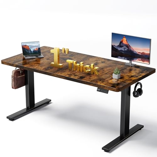 Brown 60x28 in Electric Standing Desk, 1 Inch Thick Tabletop | Double Beam Frame, Holds 220lbs, Sit Stand, 3 Memory Height Adjustment, Extra Deep Table Top, Black Frame - color: Rustic Brown Top / Black Frame, size: 60 x 28 Inch