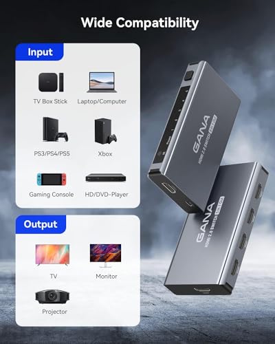 HDMI Switch 5 in 1 Out 4K@60Hz, GANA HDMI Splitter Switcher with Remote, Aluminum HDMI 2.0 Switch Box Hub for 3D, HDCP2.2, HDR, Compatible with Xbox, PS5/4/3,Fire Stick,Roku,Blu-Ray Player, Grey - color: Gray