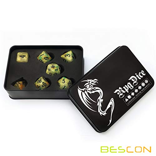 Bescon Magical Stone Dice Set Series, 7pcs Polyhedral RPG Dice Set Gold Ore, Black Tinbox Packing - color: Gold Ore in Tinbox