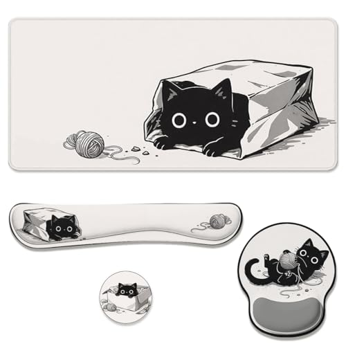 Black Cat Desk Mat Set Cute Cartoon Funny Large Mouse Pad with Wrist Rest 4-in-1 Desk Mat for Desktop Ergonomic Computer Desk Arm Wrist Anti-Slip Computer Ergonomic Mouse Pad Home Office Gaming - color: Cute Cartoon Black Cat, size: 34.5" x 15.7"