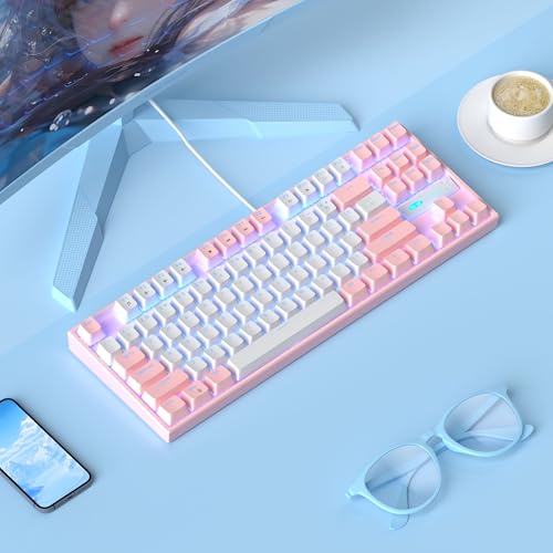 MageGee 75% Mechanical Gaming Keyboard, Red Switch, LED Blue Backlit, 87 Keys Compact TKL Wired Computer Keyboards for Windows Laptop PC Gamer - White/Pink - color: White Pink/Red Switch