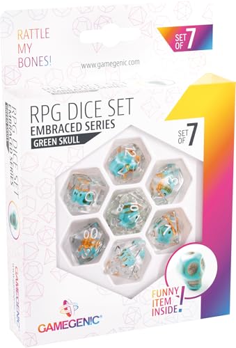 Gamegenic Embraced Series RPG Dice Set | Set of 7 Dice in a Variety of Sizes Designed for Roleplaying Games | Premium Quality Resin Dice with Unique Thematic Green Skull Design | Made by Gamegenic