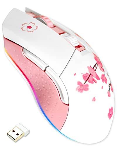 DAREU Sakura Pink Wireless Wired Gaming Mouse, Dual-Mode Rechargeable 6 Programmable Buttons,10K DPI,RGB and 7 Adjustable DPI Levels up to [150IPS] [1000Hz Polling Rate] for PC Notebook Mac - color: Sakura Pink
