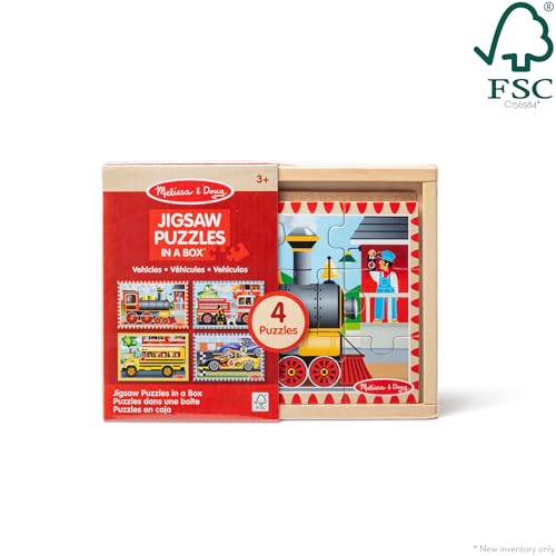 Melissa & Doug 4‑in‑1 Wooden Vehicle Jigsaw Puzzle Set, 48 Pieces with Storage Box, Toddler Puzzle Toy for Kids Ages 3+- FSC Certified - style: Vehicles